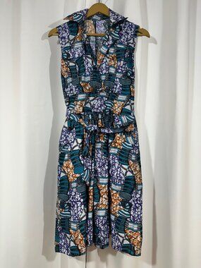 Ankara Wax Print Dress Small Colorful Tie Waist Fit & Flare Midi Dress Summer